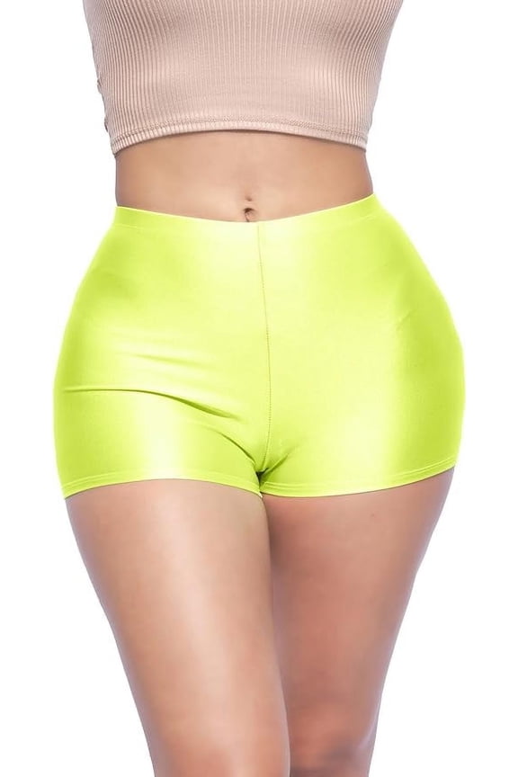 Shiny Shorts High Waist Hotpants Stretch Lightweight Comfy Short Length Neon Dance Shorts Wet Look Disco Party Rave Neon Yellow 2X