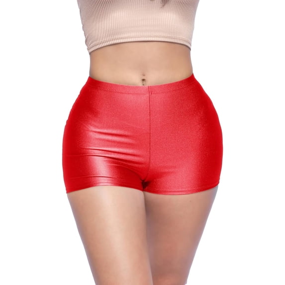 Shiny Shorts High Waist Hotpants Stretch Lightweight Comfy Short Length Neon Dance Shorts Wet Look Disco Party Rave Red 2X