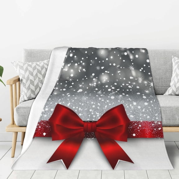 Shiny Silver Christmas With Red Bow Tie Throw Blanket for Winter Cabin Ultra-Soft Micro Fleece Blanket, Premium Microfiber, Silky Soft, Plush, Warm and Lightweight for Couch, Sofa, Bed - 60"X50"