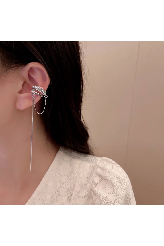 Shiny Silver Color Crystal Tassel Non-Piercing Cuff Ear Clip Earring For Women Rhinestone Star Fake Cartilage Piercing Jewelry