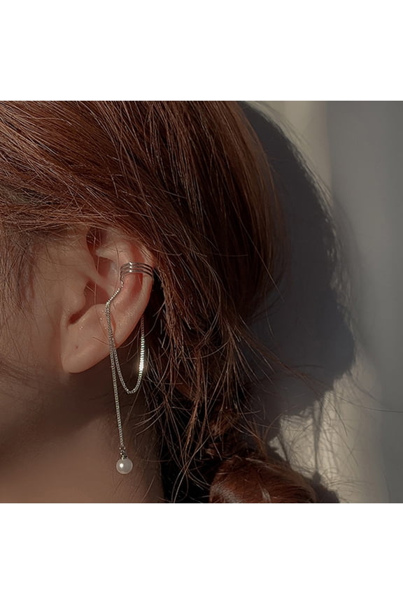 Shiny Silver Color Crystal Tassel Non-Piercing Cuff Ear Clip Earring For Women Rhinestone Star Fake Cartilage Piercing Jewelry