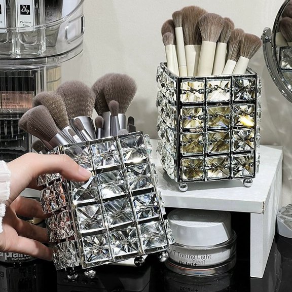 Shiny Silver Crystal Makeup Storage Cup, Multi-Use Makeup Brush Holder & Desk Pencil Organizer for Vanity Countertop