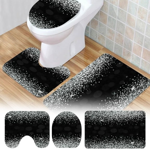 Shiny Silver Glitter Black 3 Piece Bathroom Rugs Set Bath Rug Mat And Toilet Lid Cover Bathroom Products Easy To Use