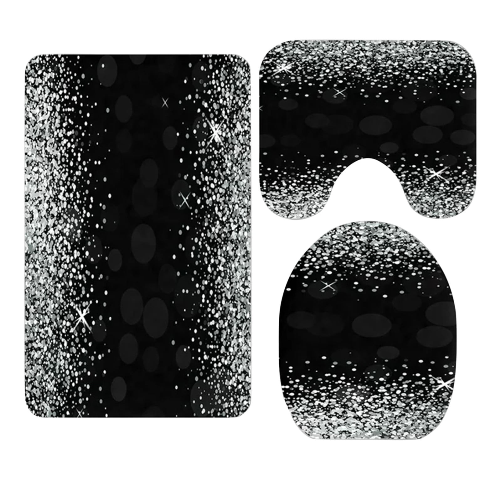 Shiny Silver Glitter Black 3 Piece Bathroom Rugs Set Bath Rug Mat And