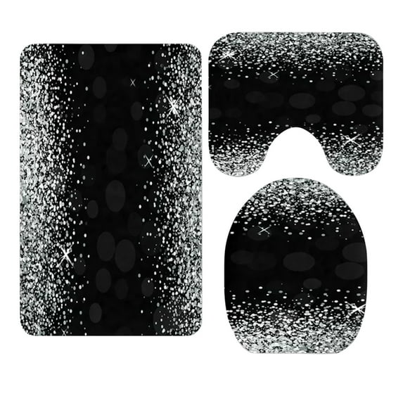 Shiny Silver Glitter Black 3 Piece Bathroom Rugs Set Bath Rug Mat and Toilet Lid Cover