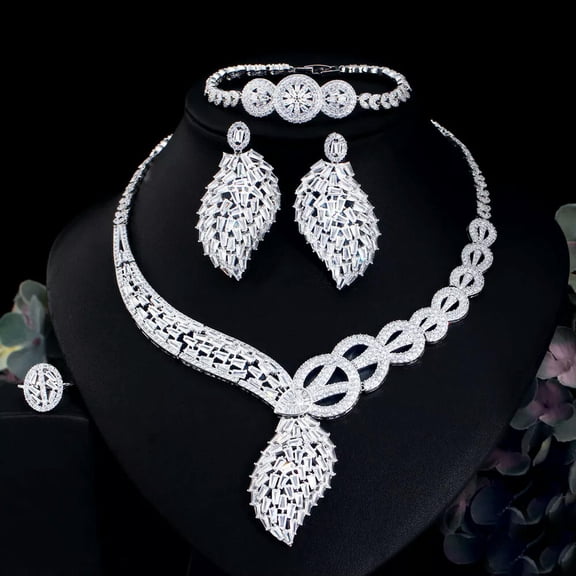 Shiny Silver Plated CZ Necklace Earrings Bracelet 4pcs Jewellery Set for Brides