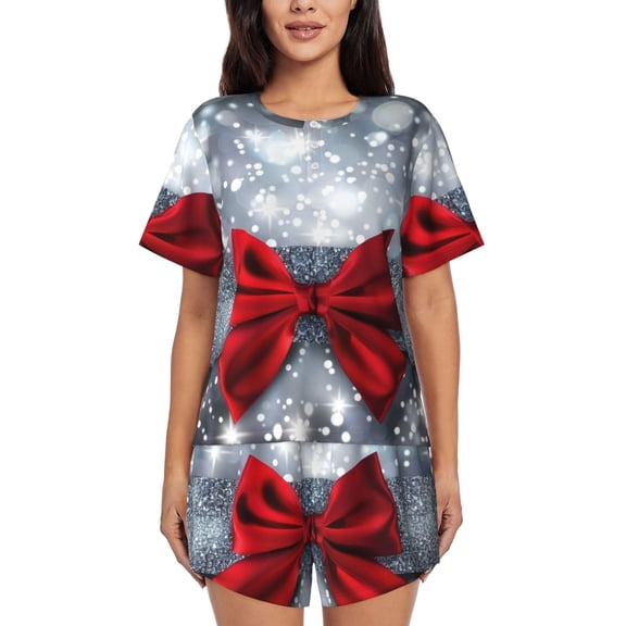 Shiny Silver Starry Christmas With Red Bow Tie (2) Womens Pajamas Short Set Soft Short Sleeve Sleepwear Button Down Pjs Set with Pockets S XXL Small