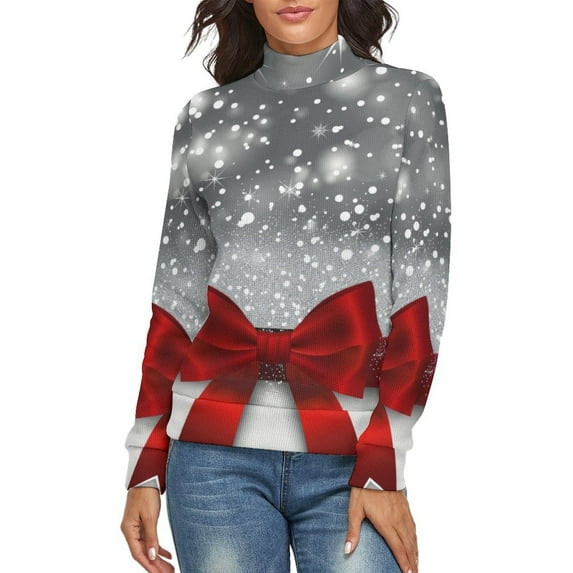 Shiny Silver Starry Christmas with Red Bow Tie Women's Turtleneck Sweater Long Sleeve Ribbed Fitted Turtle Neck Casual Fall Winter Collection Top M