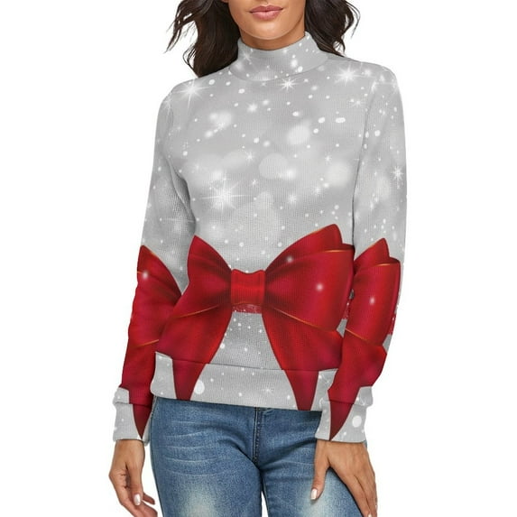 Shiny Silver Starry Christmas with Red Bow Tie Women's Turtleneck Sweater Long Sleeve Ribbed Fitted Turtle Neck Casual Fall Winter Collection Top XL