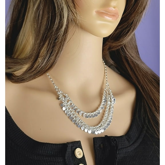 Shiny Silver Tone Tiny Disc Coin Beaded Fringe Bib Necklace Adjustable