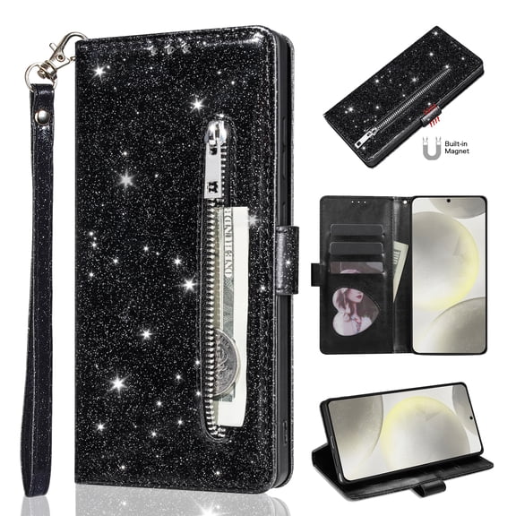 Shiny Sparkly Case For iPhone Air, Magnetic Closure Bling Glitter PU Leather Wallet Cover with Front Zipper Cash Pocket, 3 Credit Card Slots, Heart Photo ID Holder & Lanyard, Black