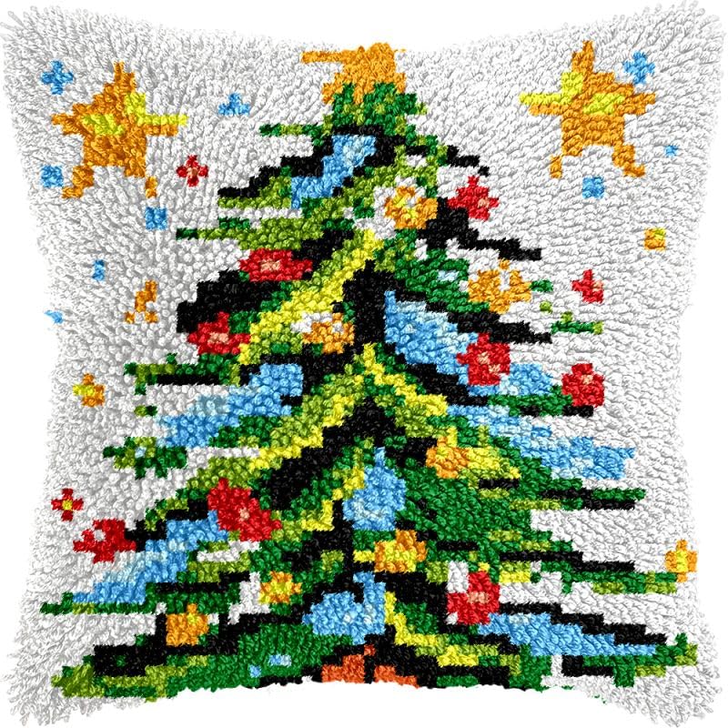 Shiny Star Christmas Tree Latch Hook Pillow Kits Cushion Pillowcase with Pattern Printed Canvas Sofa Hooking Pillows Crafts Embroidery Latch Hooking Crochet Kits 17x17 inch(67)