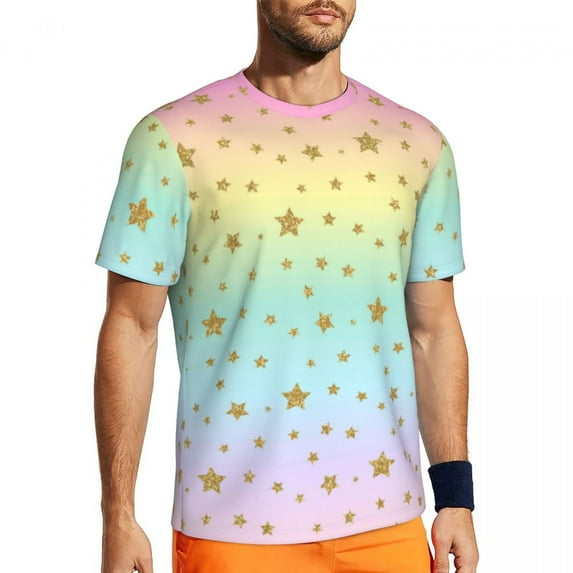 Shiny Stars Print T Shirt Men Gold Star Streetwear Gym T-Shirts Comfortable Summer Harajuk
