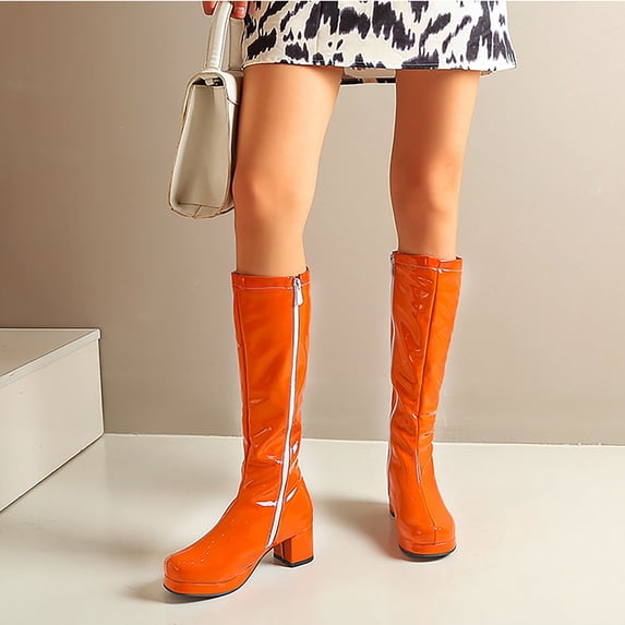 Block Hel Shiny Stovepipe Boots for Women Square Toe Block Heel Platform Knee ...