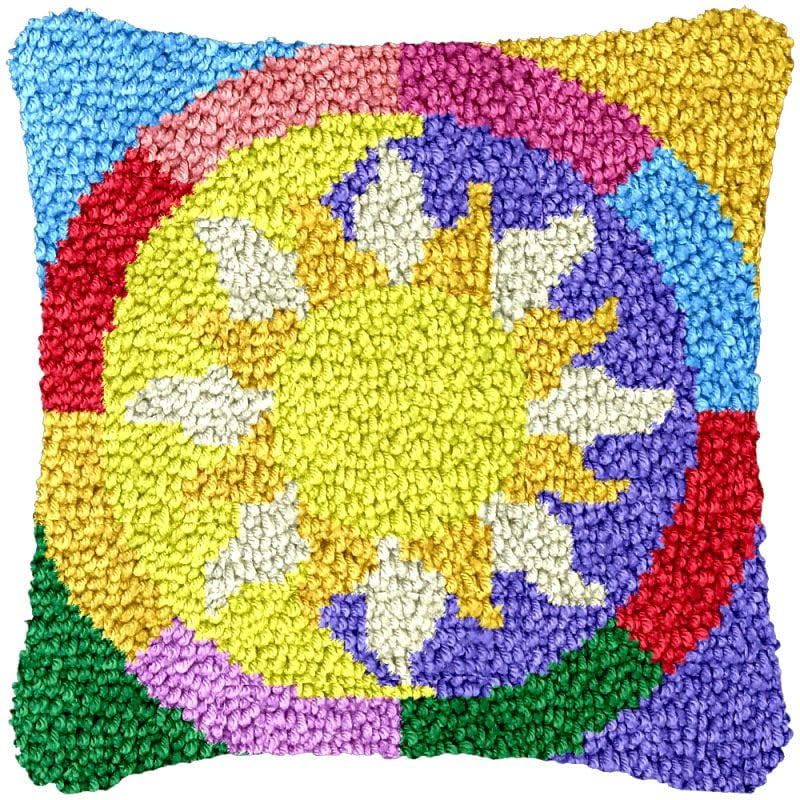 Shiny Sunflower Latch Hook Pillow Cover Kits for DIY Handmade Throw Pillow Cross Stitch Latch Hook Pillowcase Rug Cushion Kits with Preprinted Canvas Crochet Yarn Kits Needlework 17'' X 17''