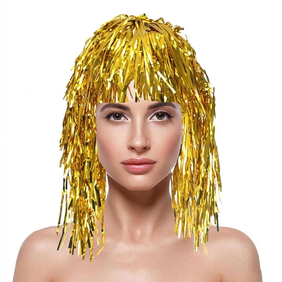 Shiny Tinsel Party Wig, Foil Fiber Cosplay Hair for 2026 Summer Sports Events, Festive Photo Prop for Men Women 1 Pack