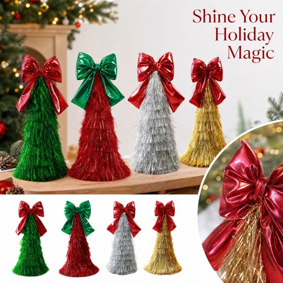 Shiny Tinsel Tabletop Mini Christmas Tree with Big Bow, Freestanding Metallic Tinsel Small Christmas Tree, Christmas Table Decorations,Christmas Indoor Decorations,Christmas Home Decorations-Silver