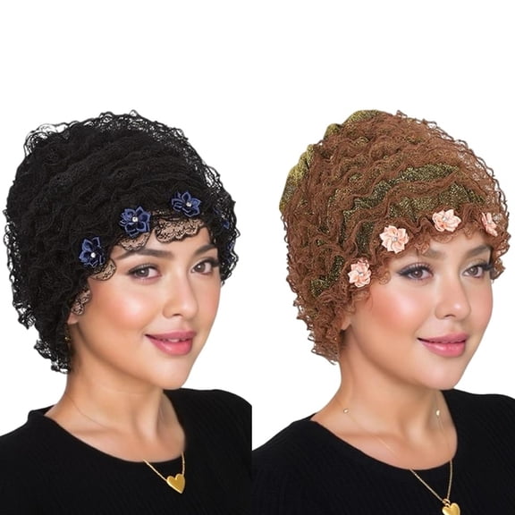 Shiny Turban Stretchy Headscarf Soft Lace Ruffle Bonnet Beanie Cap Headwrap with Satin Flowers for Women