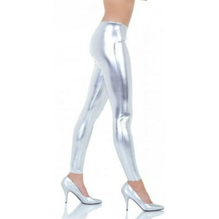 Fashion Metallic Shiny Solid 80's Costume Leggings w Holes, Silver,  One-Size 