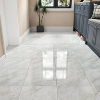 Shiny White/Gray Peel and Stick Floor Tiles 18-Pack Self Adhesive Waterproof Vinyl Flooring Planks for Kitchen Bathroom Bedrooms 12x12 Inch Stick on Floor Tiles Linoleum Flooring Sheets