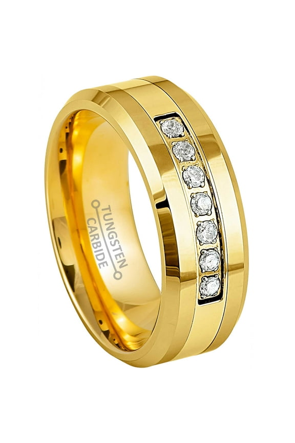 Shiny Yellow Gold IP 8mm Beveled Edge 7 White CZ Wedding Band Comfort Fit - Mens Tungsten Carbide Ring - #1012s10