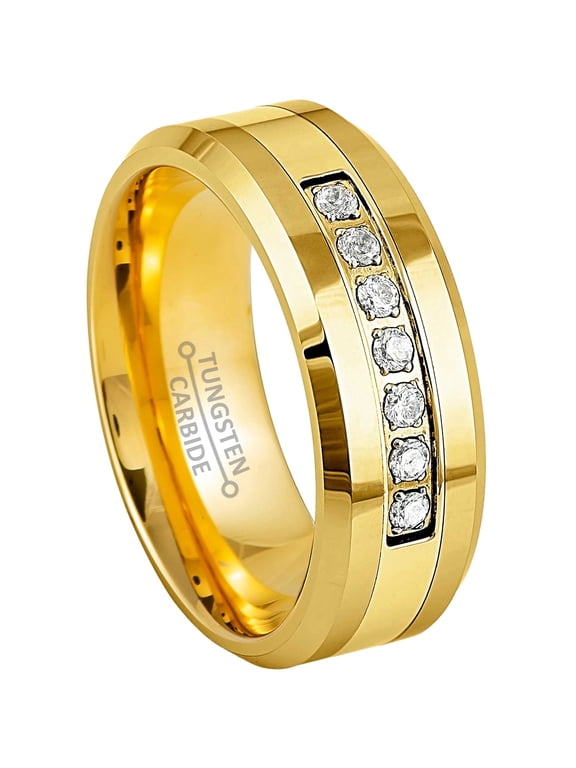 Gold IP Tungsten Carbide 7-CZ Mens Wedding Band, Low-Beveled, 8MM Comfort-fit Anniversary Ring size 7.5