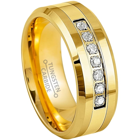 Jewelry Avalanche Gold IP Tungsten Carbide 7-CZ Mens Wedding Band, Low-Beveled, 8MM Comfort-fit Anniversary Ring size 7