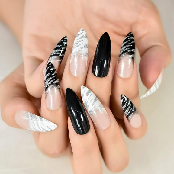 Black White Animal Print French Press On Nails, Extra Long Sharp Stiletto Fake Nails, Shiny Zebra