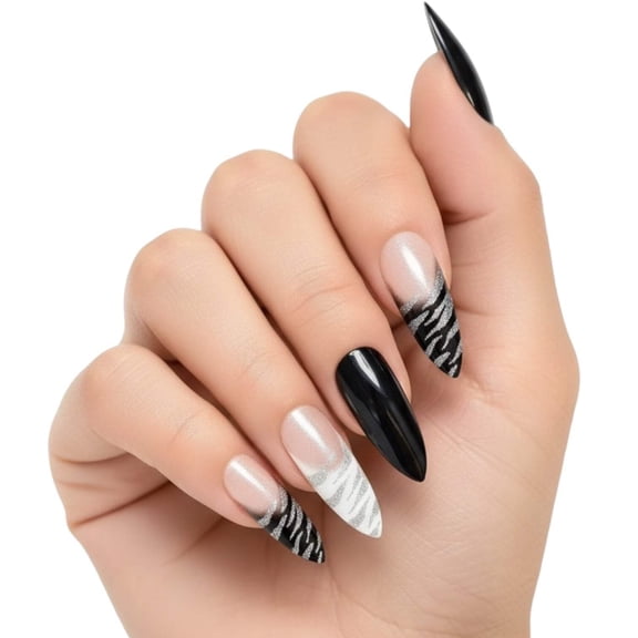 Black White Animal Print French Press On Nails, Extra Long Sharp Stiletto Fake Nails, Shiny Zebra