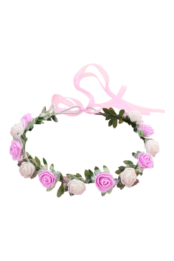 Bloomy Women Rose Floral Crown Hair Wreath Leave Flower Headband with Ribbon