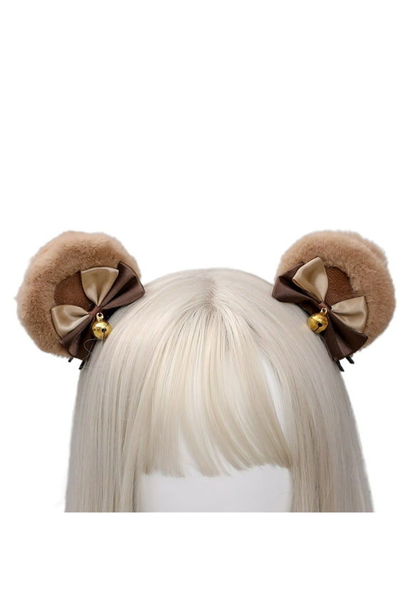 Faux Fur Bear Ears Hair Clip Sweet Double Bowknot Bell Lolita Cosplay Hairpins