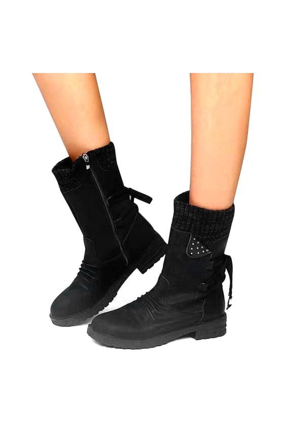 Women Autumn Winter Knitting Patchwork Faux Leather Boots Zipper Buckle Lace-Up Back Flat Heel Mid-Calf Ankle Booties