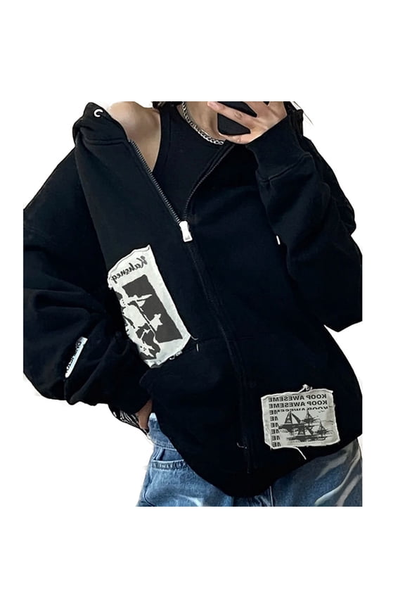 Women Harajuku Long Sleeve Hoodies for Jacket Punk Rock Vintage Patch Design Zip Up Sweatshirt Hip Hop Oversized Loose C