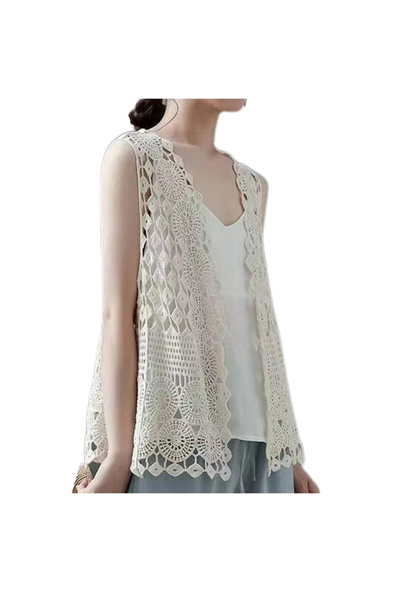 Women Hippie Bohemian Crochet Sleeveless Vest Open Front Lace Cardigan Geometric Circle Pattern Beach Cover Up Waistcoat
