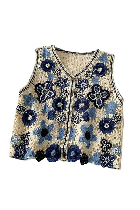 Women Hollow Crochet Knit Vest Waistcoat Beaded Embroidery Colorful Floral Sleeveless Cardigan for Jacket Button Crop To