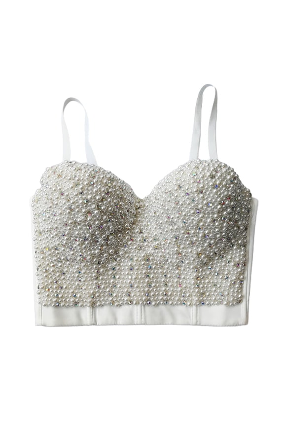 Women Sexy Imitation Pearls Beaded Bustier Bra Colored for Rhinestone Push Up Corset Camisole Night Club Bralett