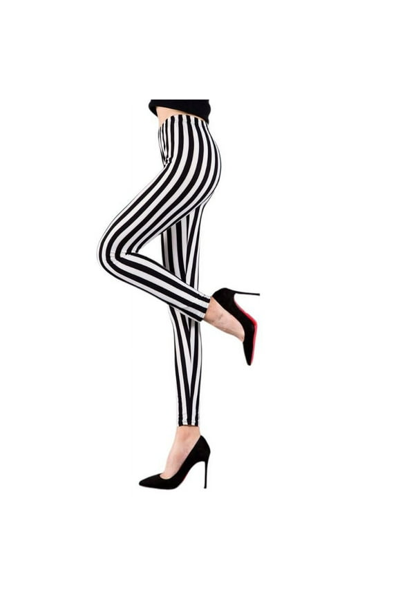 Womens Mid Rise Ankle Length Stretchy Leggings Black White Vertical Striped Prin