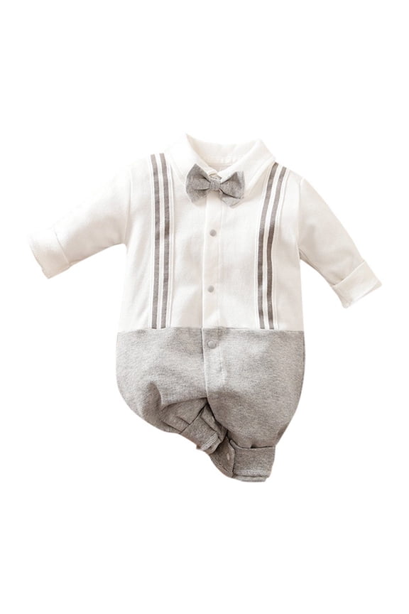 Baby Boys Romper Long Sleeve Button Up Jumpsuit with Bowtie, Sizes 0-18 Months