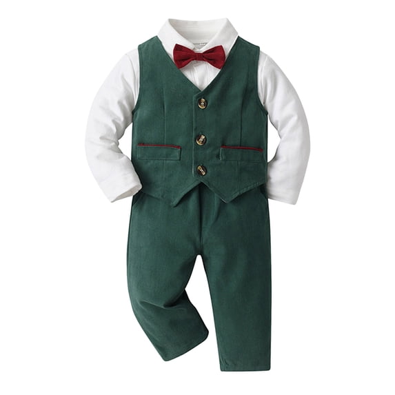 Shinyii Boys Suit Long Sleeve Button-Up Romper Vest Pants Bowtie Outfit, Sizes 0-24 Months