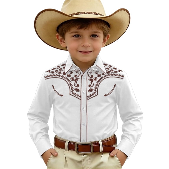Shinyii Boys Western Cowboy Shirt Button Down Long Sleeve Shirt Everyday Top, Sizes 4-13