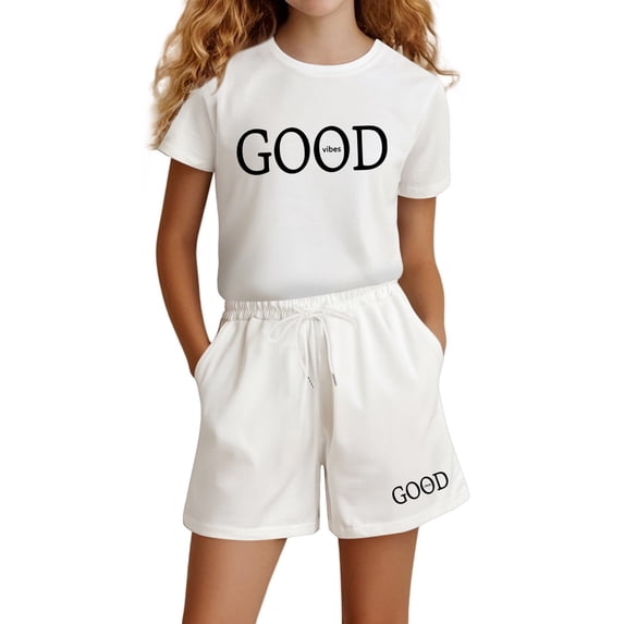 Shinyii Girls Shorts Set Letter Print Short Sleeve Tee Shirt Shorts Outfits, Sizes 4-14