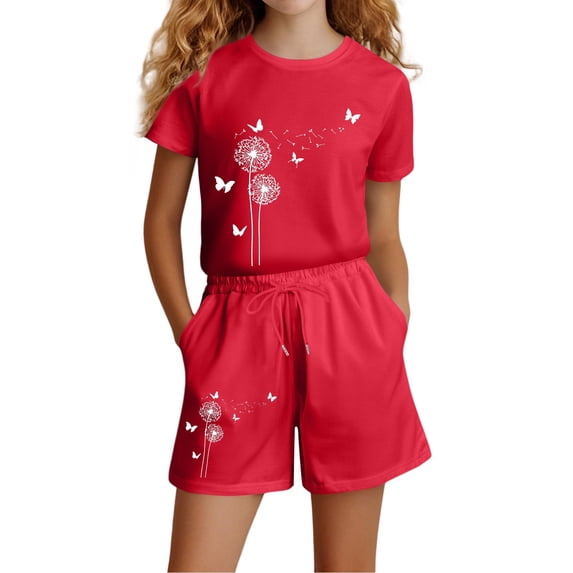 Shinyii Girls Summer Outfits Dandelion Print Short Sleeve T-Shirt Shorts Set, Sizes 3-14