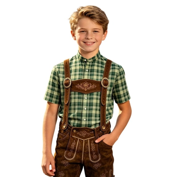 Shinyii Summer Boys Plaid Short Sleeve Shirt Neck Button Down Shirt Top, Sizes 3-16