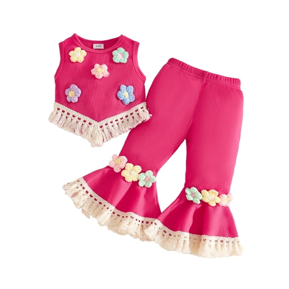 Shinyii Summer Girls' Outfits Casual Flower Fringe Tank Top Flared Pants Set, Sizes 6M-3T