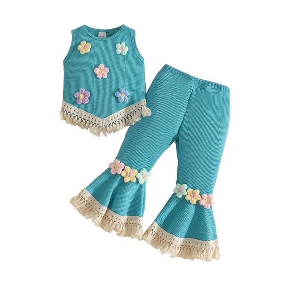 Shinyii Summer Girls' Outfits Casual Flower Fringe Tank Top Flared Pants Set, Sizes 6M-3T