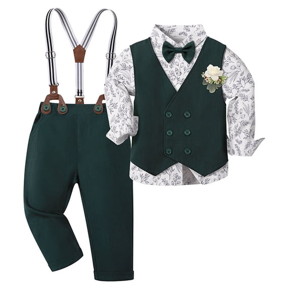 Shinyii Toddler Boys Formal Suit Wedding Party Long Sleeve Dress Shirt Vest Suspenders Pants Set