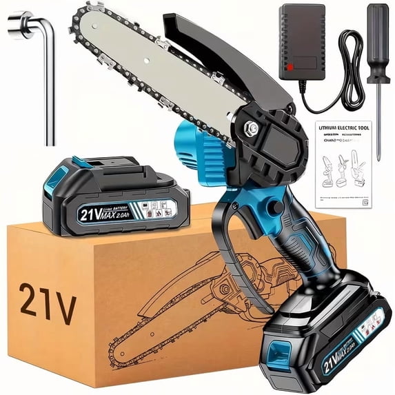 Shinylink Mini Chainsaw Cordless 6 inch with 2 Battery, Mini Power Chain Saw with Security Lock, Electric Chainsaw, Handheld Small Chainsaw for Tree Trimming Wood Cutting, Orange