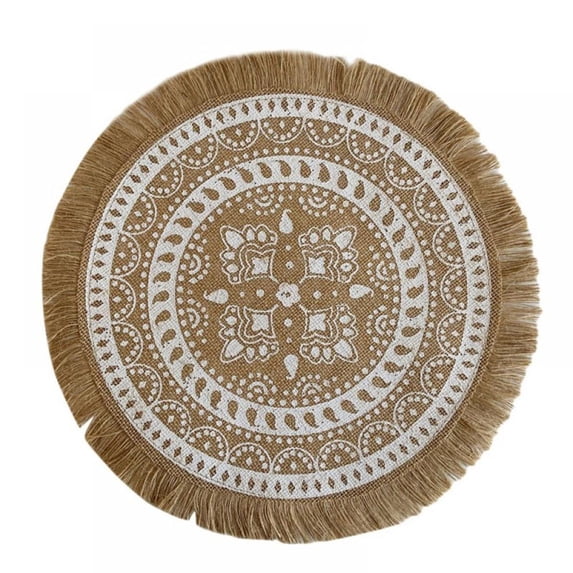 Shiogb 15-Inch Round Jute Placemat - Farmhouse Woven Table Mat with Tassel & Pompom Trim for Kitchen Dining Decor, Khaki