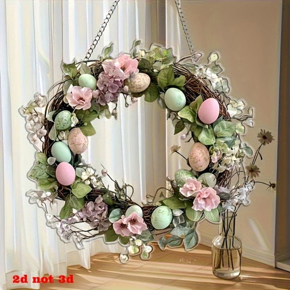 Shiogb 2D Flat Wreath Easter Egg & Sunflower Wreath Hanging Ornament, Window/Door Decoration for Easter, Spring Home Decor