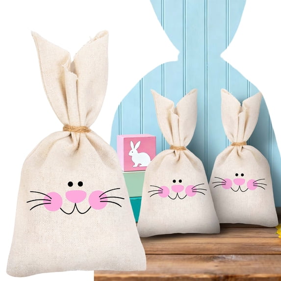 Shiogb Easter Bunny Bags 19cm Linen Candy Bags with Ears, Drawstring Packaging for Easter Eggs Holiday, Party Favor Bags for